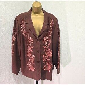 Vtg Victor Costa Embroidered Blazer Womens 2X Floral Brown Pink Floral Whimsical